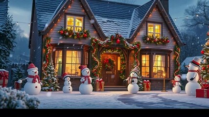 Snowman Standing in Front of a Christmas Decorated House - Powered by Adobe