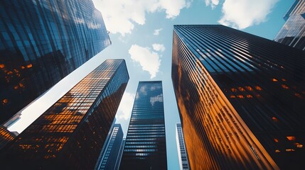 skyscrapers viewed from below against a clear blue sky background, generative ai