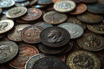 Old collectible coins from different countries and times are lying chaotically on a wooden surface