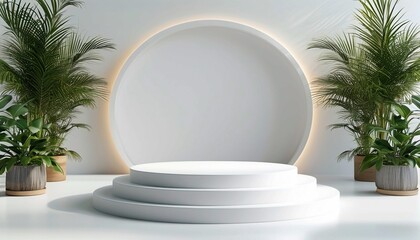 stylish white podium setup with plants and arch on plain white background perfect for social media ads