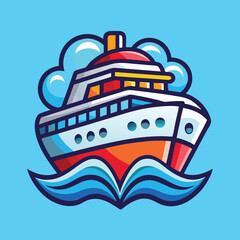 Obraz premium A cartoon illustration of a red and white ship sailing on the blue water.