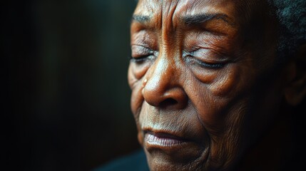 An elderly woman sits in quiet contemplation, her face illuminated by soft light. The intricate details of her features reveal a life rich in experience and emotion, evoking a sense of introspection.