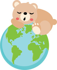 Cute teddy bear sleeping on top of the planet world