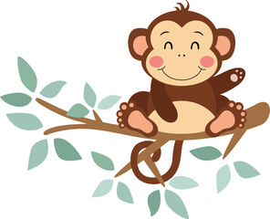 Funny monkey on branch of tree with green leaves