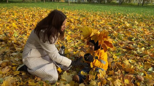Mother and child outdoors have fun on the city park in autumn. Little boy drinking hot tea sitting on yellow fallen leaves.