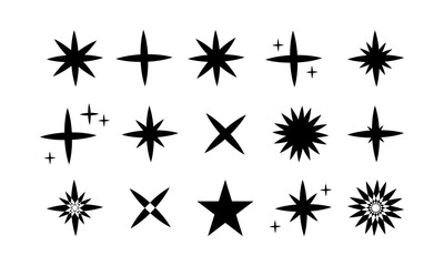 Obraz premium Retro futuristic sparkle icons collection. Set of star shapes. Abstract cool shine effect sign vector design. Templates for design, posters, projects, banners, logo, and business cards