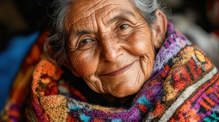 Fototapeta premium Elderly Mexican woman with a shawl and a gentle smile.