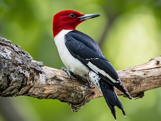 Red-headed Woodpecker Perched on Branch with Bold Red and Black Plumage with Soft Natural Blur Background