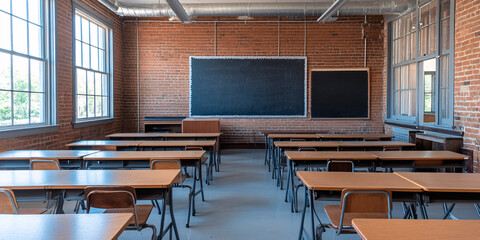 Empty Classroom with Rows of Desks Facing Chalkboard, Evoking a Sense of Learning and Anticipation