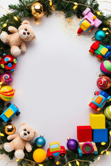 Obraz premium new year's white frame filled with colorful children's toys, new year's ornaments and twinkling garlands with central space for text, festive and joyful holiday atmosphere