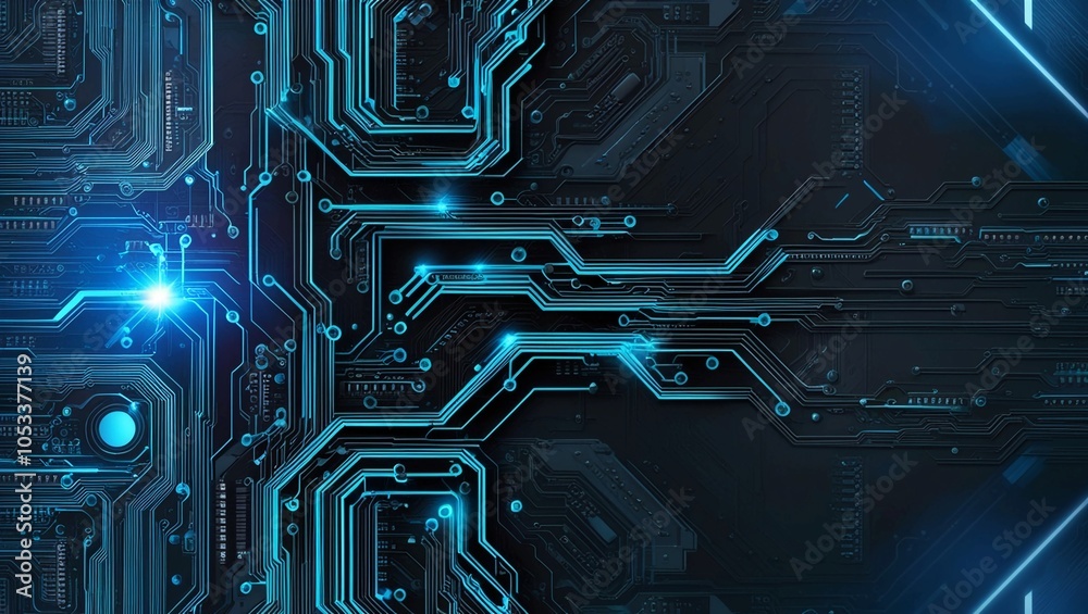 Poster abstract circuit board pattern highlighting blue and black digital traces, representing data transmi
