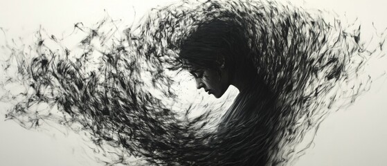 Obraz premium An individual trapped within a vortex of tangled thoughts, portraying the overwhelming nature of the human psyche and the intricate layers of mental complexity