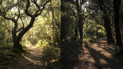 Naklejka premium A dramatic contrast of light and shadows in an ancient forest, symbolizing duality