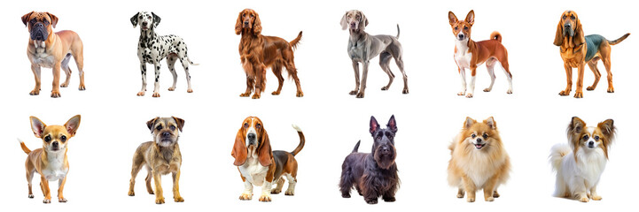 Obraz premium Dog breeds standing isolated on transparent background. Bullmastiff, Dalmatian, Irish Setter, Weimaraner, Chihuahua, Pomeranian, Basset Hound, and more in png collection