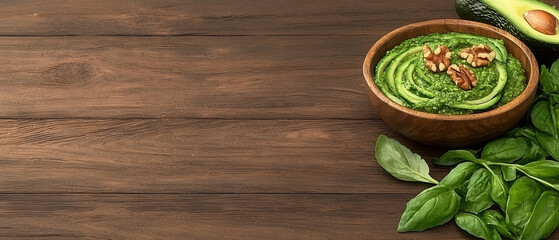 A wooden table features a bowl of green dip garnished with nuts, surrounded by fresh leaves and an avocado half, highlighting healthy eating.