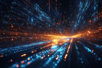 Obraz premium Abstract digital data flow with blue and orange lights in dark background.