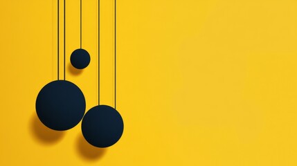 A bold poster with dark blue circles on a vibrant yellow background, three spheres hanging from the circles, creating a minimalistic design with geometric precision and visual contrast.