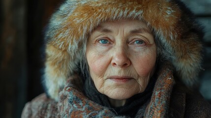 Elderly Russian woman with a fur hat and a kind look.