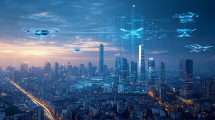 Fototapeta premium A futuristic city skyline with flying vehicles, symbolizing innovation and progress, concept future