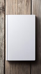 Blank Hardcover Book on Rustic Wooden Background