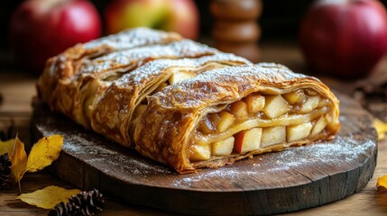 Freshly baked apple strudel with powdered sugar