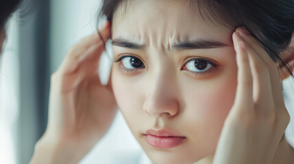 Obraz premium Close-up of a young woman holding her head in frustration, expressing concern and emotional distress with intense facial expression