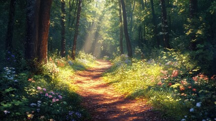 Obraz premium Forest trail with sunlight dappling the ground