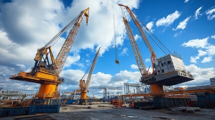 Fototapeta premium A construction site with large cranes lifting heavy loads under a cloudy sky.