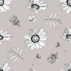 Hand drawn pencil graphic illustration seamless pattern of vintage flowers