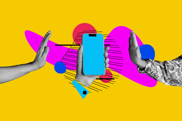 Composite photo collage of business people high five gesture cooperation phone screen clap deal isolated on painted background