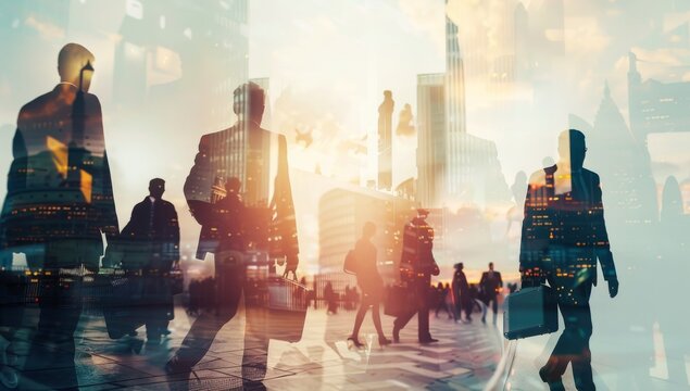 Abstract business people and cityscape, representing the concept of growth in corporate vision. Office buildings and figures walking with briefcases, success and experience urban environment. - Powered by Adobe
