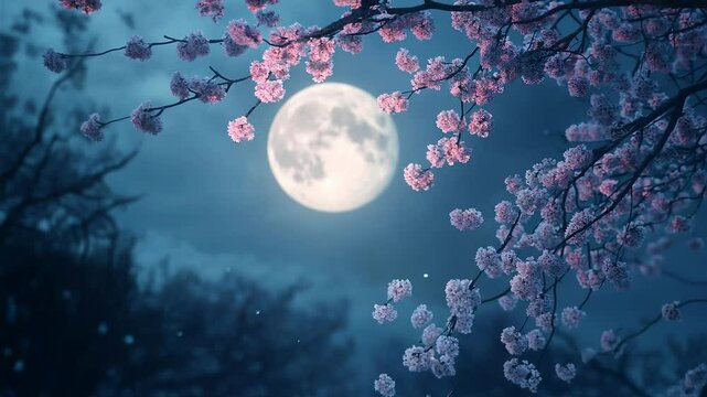 Enchanting Moonlit Night with Cherry Blossom Branches