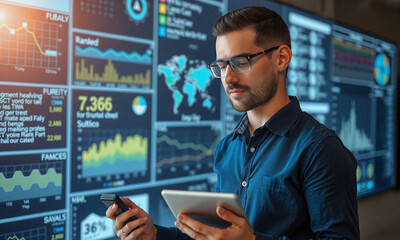 Young professional analyzing data on digital screens in a modern office during the daytime