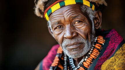 Elderly South African man with a traditional outfit and a wise look.