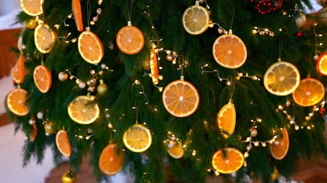 A vibrant citrus-inspired Christmas with orange and green decor, showcasing a tree with citrus slice ornaments, fresh green garlands, and warm lights for a fresh holiday vibe.