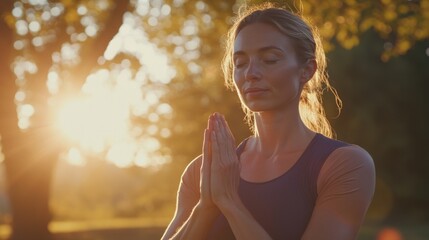 An inspiring image of a person practicing yoga outdoors at sunrise, surrounded by tranquil nature, with a focus on their serene expression and warm natural light to evoke calmness and mindfulness