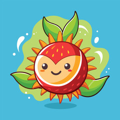 Cute cartoon illustration of a rambutan with a happy face and green leaves on a blue background.