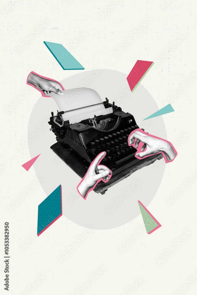 Fototapete vertical photo collage of hands type book story use typewriter machine push buttons letters print no