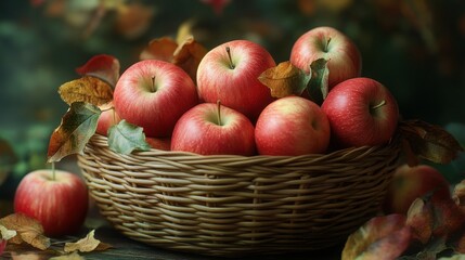 Freshly picked apples in a wicker basket