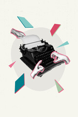 Vertical photo collage of hands type book story use typewriter machine push buttons letters print...