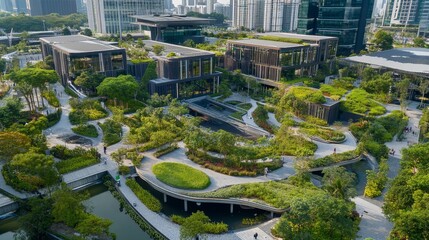 Sustainable business district with eco friendly buildings and green spaces for companies