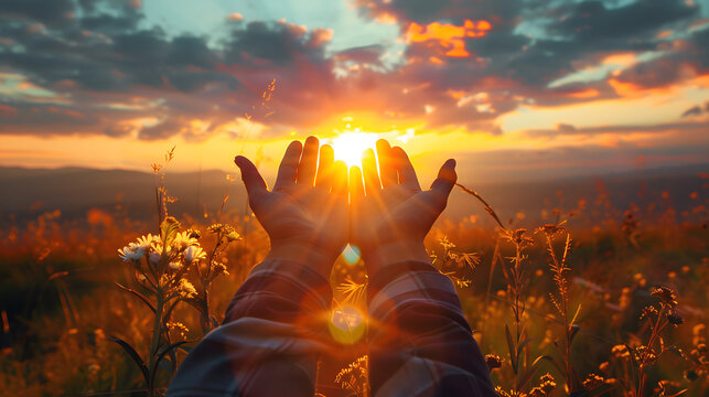 prayer raises his hands to sunshine or sunset, christian concept background