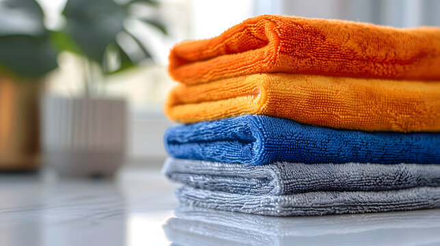 premium microfiber cloths in orange, blue, and gray, perfectly stacked for cleaning and organization in homes and offices