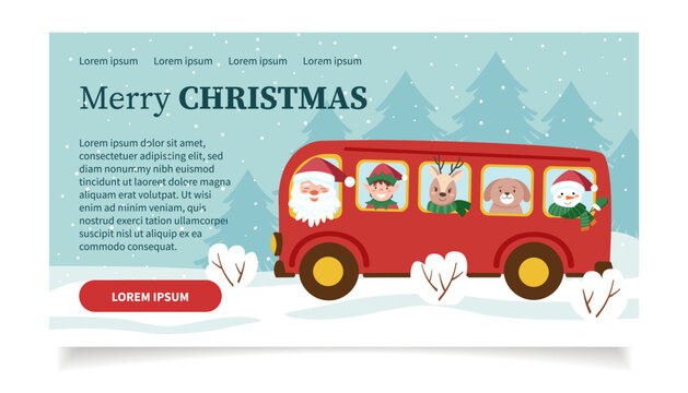 Christmas web banner. Santa Claus driving a bus with characters. Christmas background.