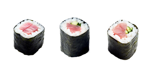 Trio of sushi rolls on transparent background