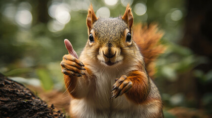Obraz premium Squirrel giving a thumbs-up gesture, photo shoot, autumn-themed, realistic.