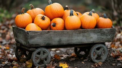 Freshly picked pumpkins on a wooden cart