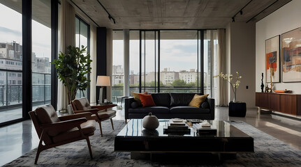 Fototapeta premium Spacious Modern Art Apartment With Statement Art And City Views 