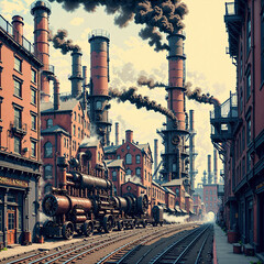 An industrial city with towering smokestacks and Victorian architecture, with mechanical elements and steam-powered machinery in every corner.