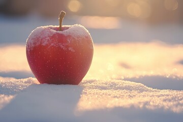 A vibrant red apple sits atop a blanket of snow, glistening in soft sunlight, creating a striking contrast in a winter landscape.